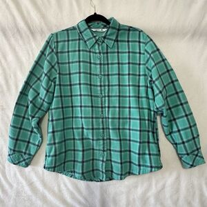 Riders by Lee Shacket Shirt Women Size Med Green Plaid Flannel Fleece Lined Fall